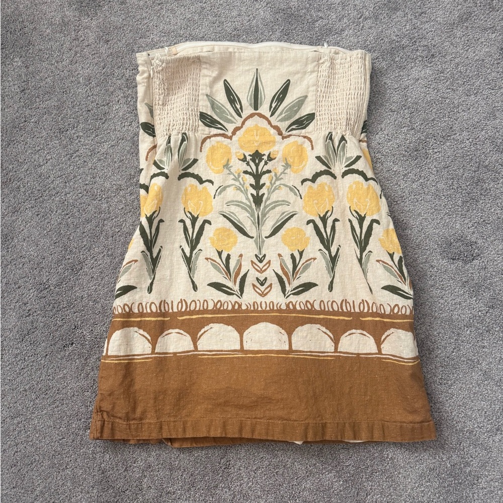 Abercrombie & Fitch Cream Strapless Sundress with Yellow Floral and Brown Border